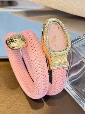 Serpentine Anthropologie Pink Braided Wrap Watch with Gold Crystal-Trim
